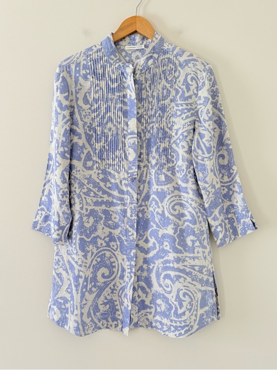 Coldwater Creek Tops - Coldwater Creek Linen Tunic Dress Blue White Paisley Print Pintuck Size M